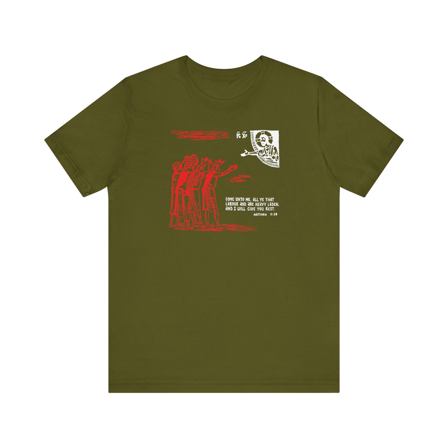 Olive cotton t-shirt featuring a red icono-graphic design and "Come Unto Me All Ye That Labour & Are Heavy Laden (Matt. 11:28)"—a modern Orthodox Christian statement inspired by the Holy Spirit.