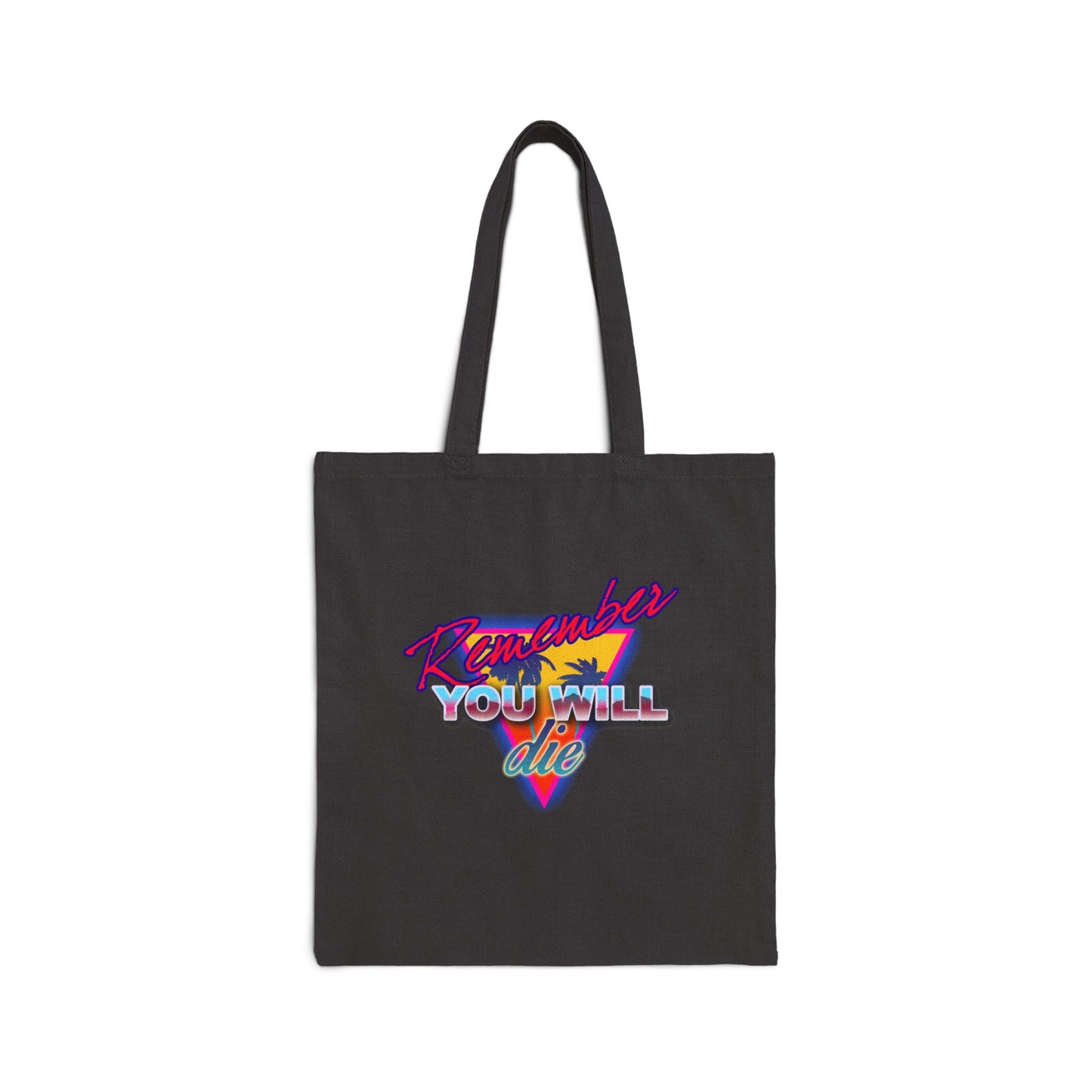 Black "Remember You Will Die" tote bag featuring a neon palm tree in 80s retro synthwave style—a bold Orthodox Christian memento mori inspired by St. John Climacus and the Ladder of Divine Ascent.