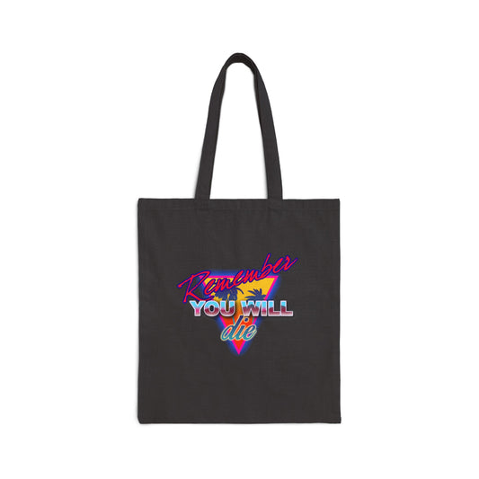 Black "Remember You Will Die" tote bag featuring a neon palm tree in 80s retro synthwave style—a bold Orthodox Christian memento mori inspired by St. John Climacus and the Ladder of Divine Ascent.
