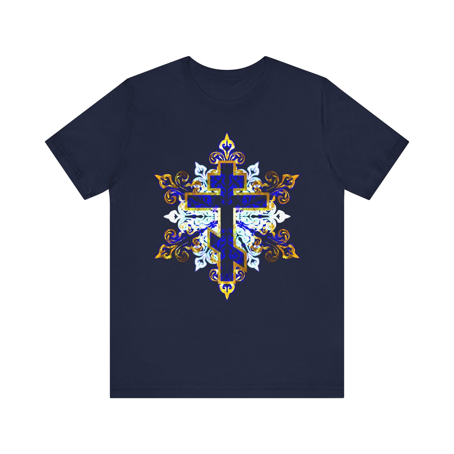 Sure! Here’s a rewritten sentence using the provided product data: Navy "Ornate Glowing Blue White & Gold Cross" Orthodox Christian lightweight cotton unisex t-shirt, featuring a medieval filigree double-barred cross design centered on the front, inspired by St. John Chrysostom’s Homilies on Galatians.
