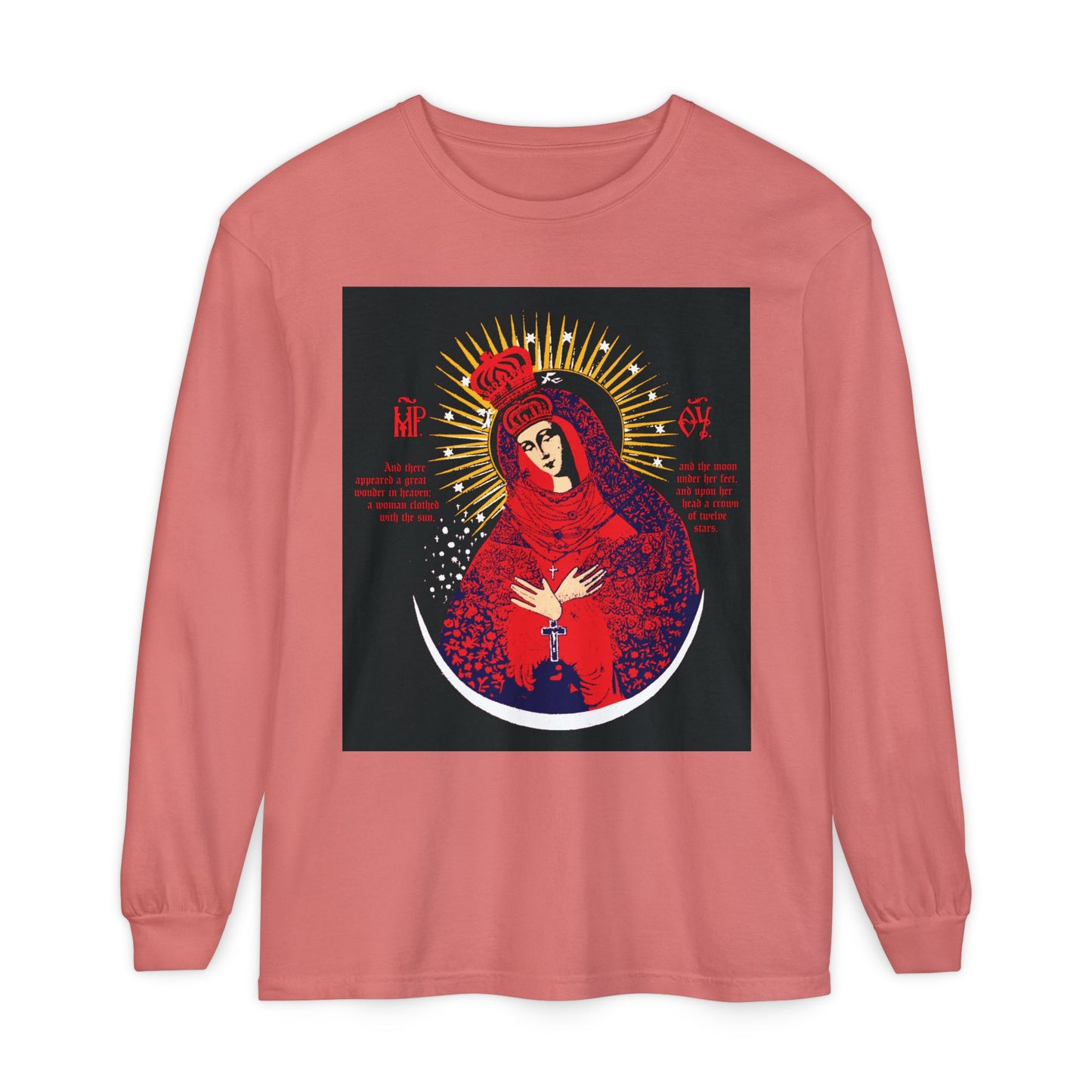 A watermelon-colored cotton long sleeve shirt with a red, blue, and gold Orthodox iconographic design of Our Lady the Gate of Dawn crowned as Theotokos, inspired by the Vilnius image—Virgin Mary holding a chalice with radiant gold rays.