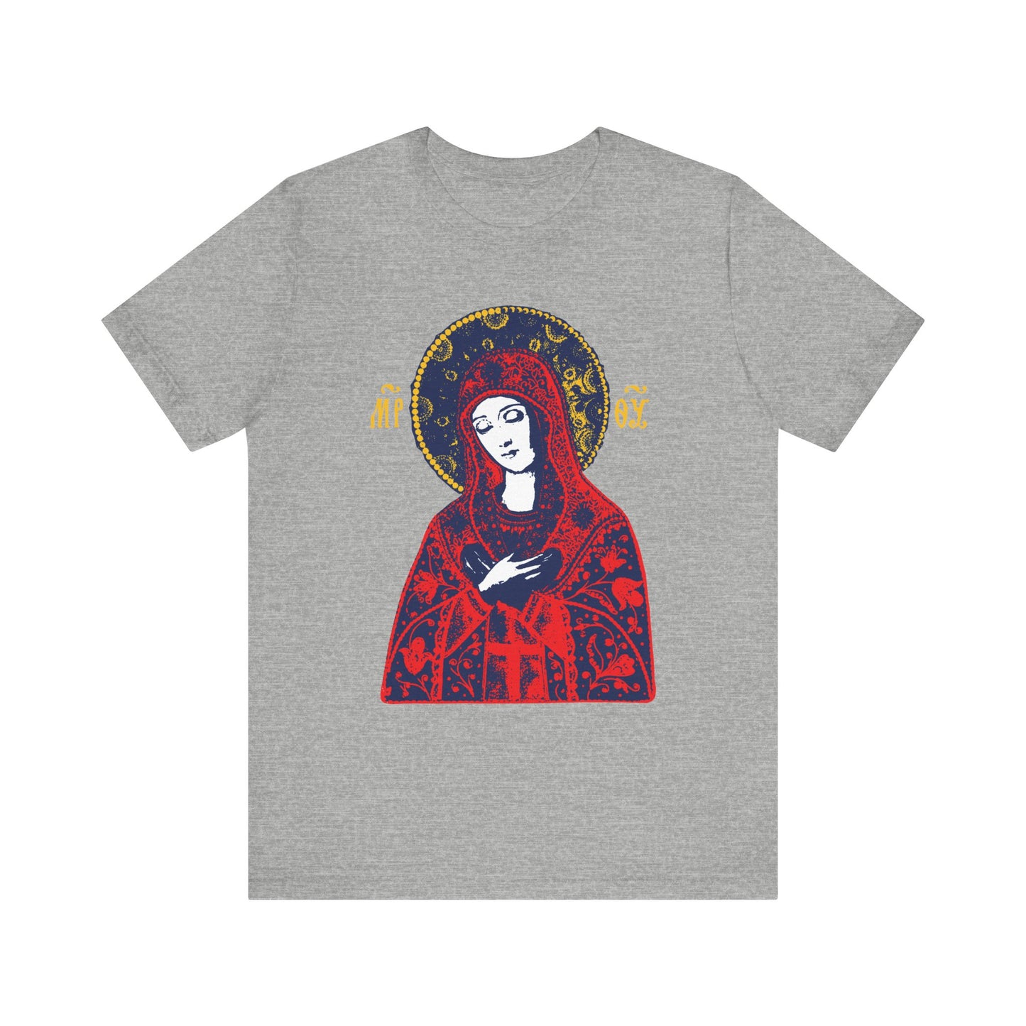 Athletic Heather unisex t-shirt featuring the Joy of All Joys Tenderness Theotokos Icon, based on traditional Orthodox iconography, with a saintly woman, halo, and hands crossed on her chest. Lightweight cotton and Christian-inspired.