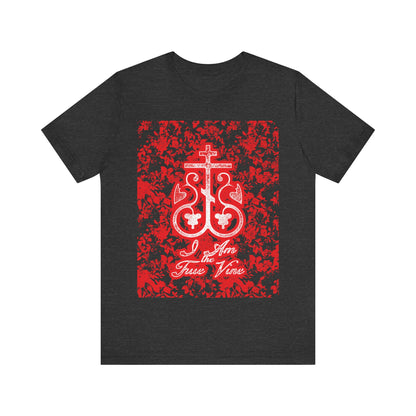 I Am the True Vine (John 15:1) | Orthodox Cross Vine Monogram | Red and Black Floral Design | Orthodox Christian T-Shirt
