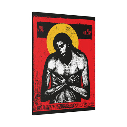 The King of Glory Jesus Christ "Extreme Humility" IconoGraphic—Christian devotional wall art in red, yellow, white, and black, inspired by Isaiah 53 and timeless Bible verses.