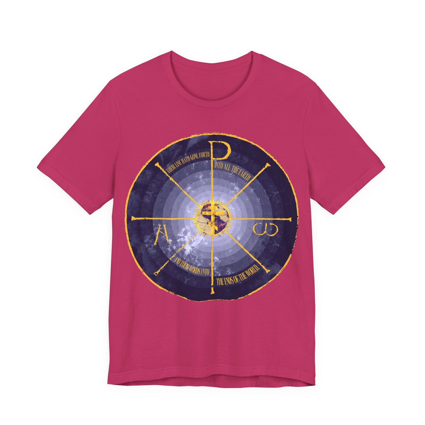 Geocentric Cross & Chi Rho | Alpha & Omega | Blue and Yellow Design | Medieval Style Graphic | Orthodox Christian Cotton T-Shirt