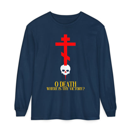 O Death Where is Thy Victory? (1 Corinthians 15:55) | Cross Stabbing Skull | Yellow Text | Orthodox Christian Long Sleeve Shirt
