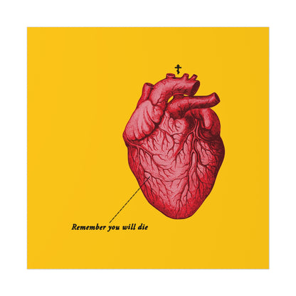 The "Remember You Will Die" poster features a retro anatomical heart with an Orthodox cross and memento mori message—a vivid Christian art piece for reflection and mindfulness.