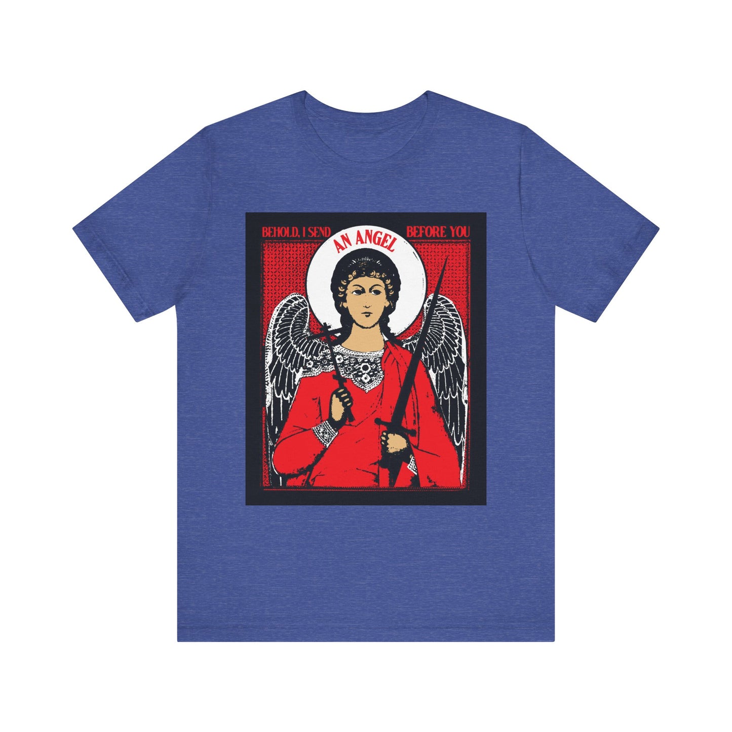 Heather True Royal tee featuring a guardian angel with cross and sword on an Orthodox iconographic design, inspired by Exodus 23:20. Unisex lightweight cotton shirt.