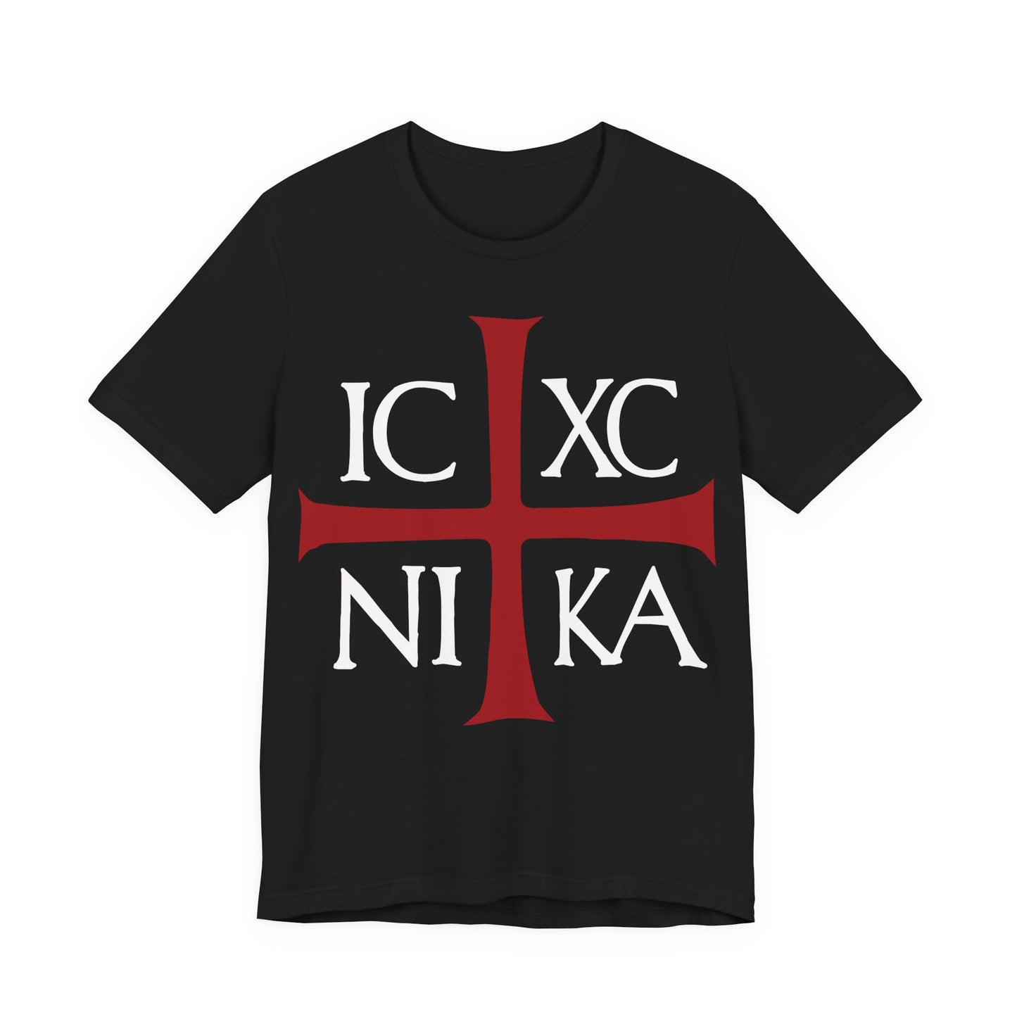 Black ICXC NIKA Means Jesus Christ Conquers T-shirt features a large red cross with white ancient Byzantine Christogram, representing Orthodox Christian faith on soft cotton.