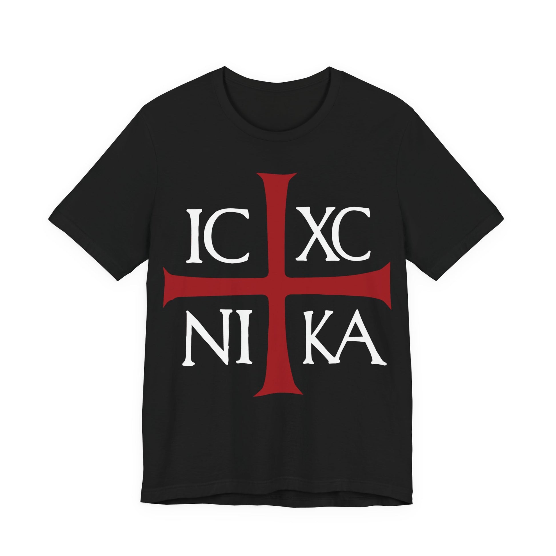 Black ICXC NIKA Means Jesus Christ Conquers T-shirt features a large red cross with white ancient Byzantine Christogram, representing Orthodox Christian faith on soft cotton.