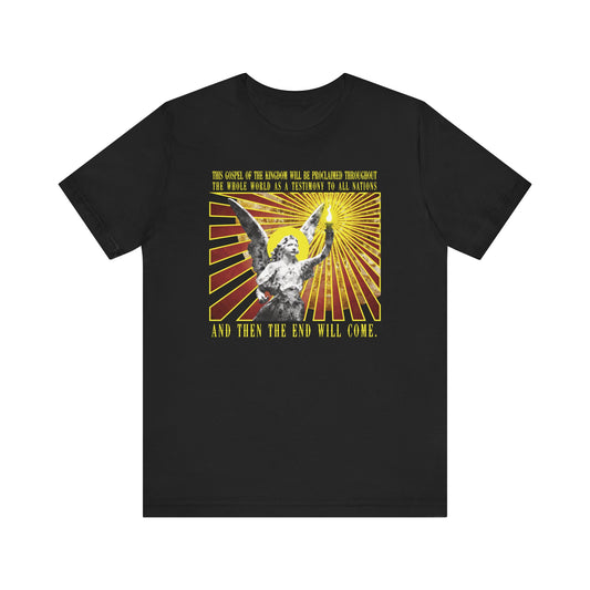 Black "And Then the End Will Come (Matthew 24:14)" t-shirt features a cemetery angel holding a lamp with rays, referencing gospel preaching to all nations—bold Christian apparel inspired by end times prophecy. Lightweight cotton unisex.