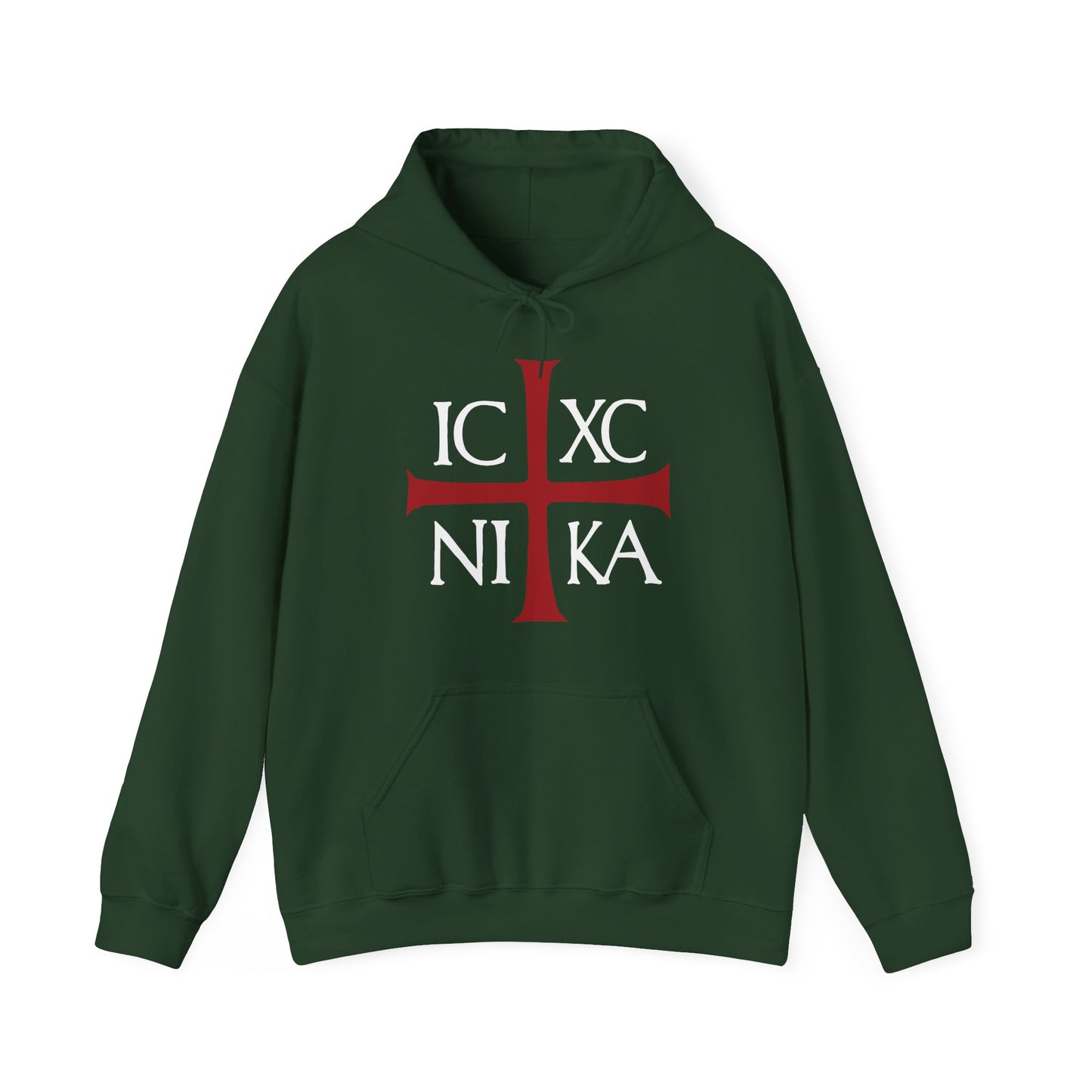 Forest green cotton/poly hoodie featuring an ancient Byzantine Christogram, a red cross with white "IC XC NI KA" text—meaning "Jesus Christ Conquers." Inspired by Romans 8:31-39 and Orthodox Christian faith.