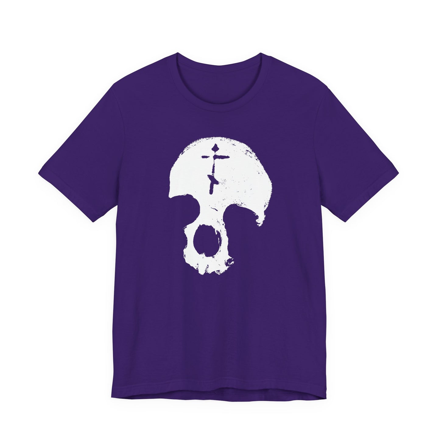 Team Purple cotton unisex tee featuring a white skull with an Orthodox cross, minimalist Gothic Christian "Memento Mori" design—reminding all that “All is Vanity” and to remember you will die.