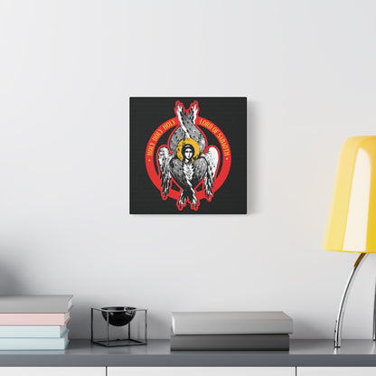 The "Holy Holy Holy, Lord of Sabaoth | Isaiah 6 | Orthodox Seraphim Angel IconoGraphic" Christian wall art hangs on a white wall above a gray cabinet with books and a yellow lamp.