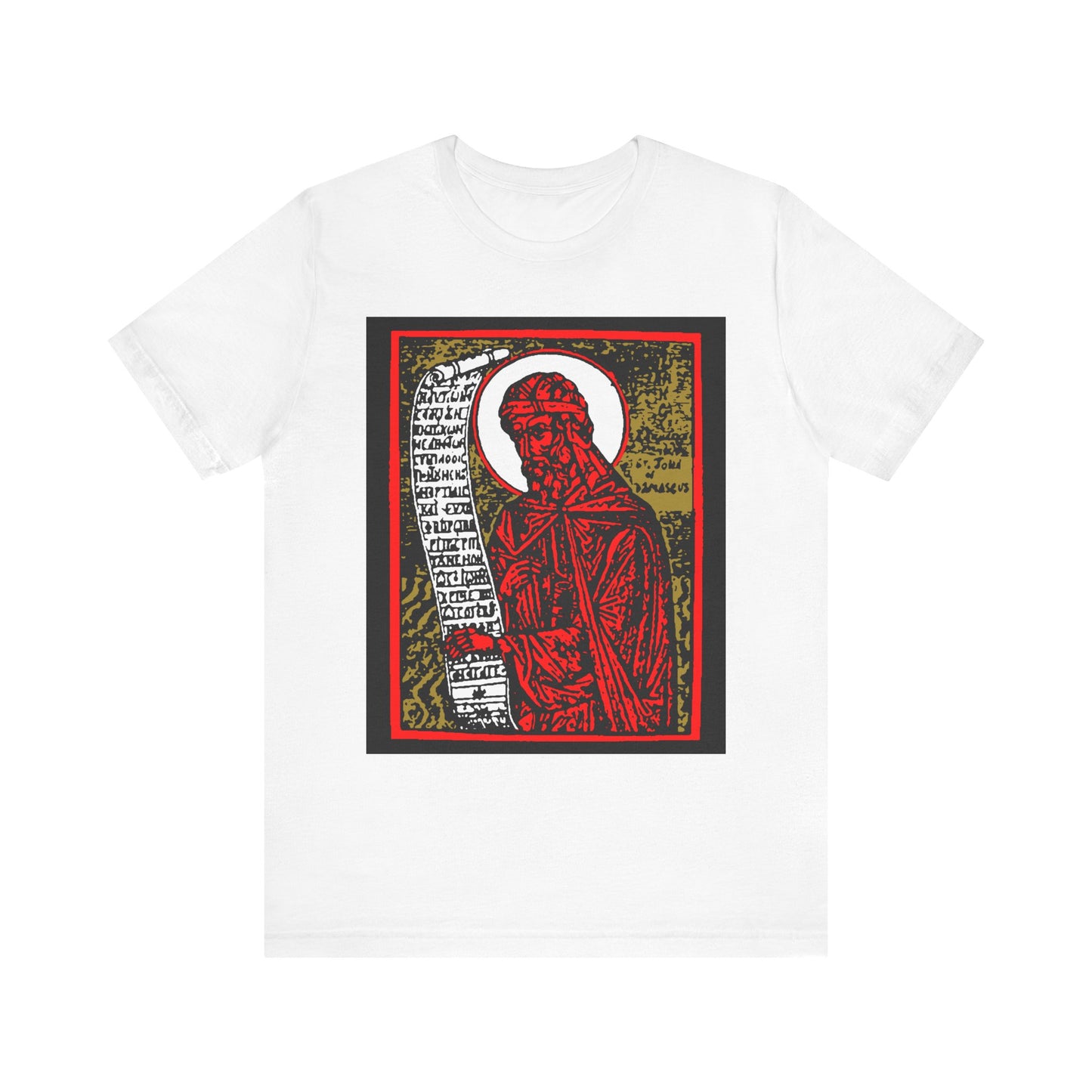St. John of Damascus Icono-Graphic | Orthodox Christian Saint | Red Gold & Black High Contrast Design | Lightweight Cotton Unisex Tee