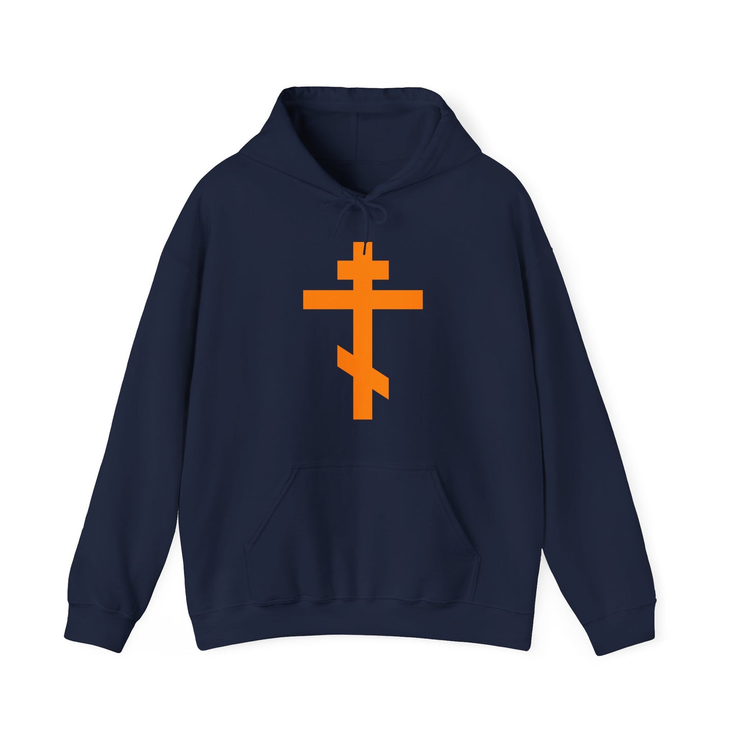 Navy Orange Orthodox Tribar Cross hoodie—Preserve Thy People By Thy Cross, O Lord. Christ is King Christian streetwear.