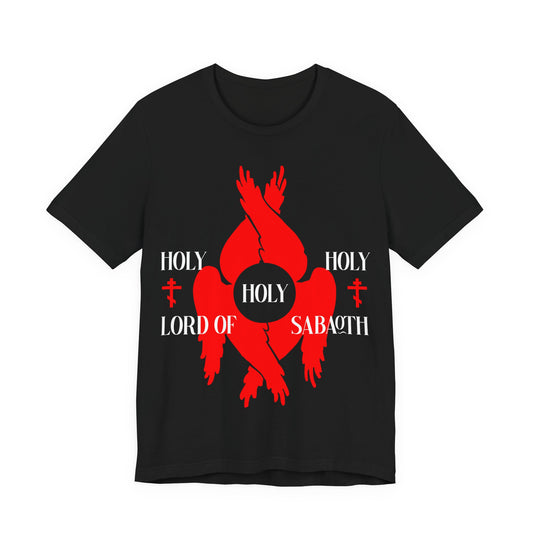 Holy Holy Holy Lord of Sabaoth Red Seraphim Wings Orthodox Crosses | Isaiah 6:3 | Divine Council | Orthodox Christian Cotton Unisex T-Shirt