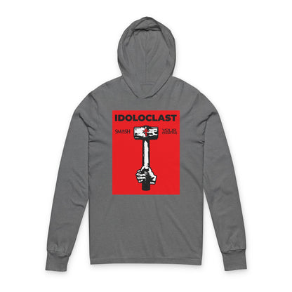 Grey TriBlend hoodie with red Jesus NIKA fist and sledgehammer graphic on the chest, featuring "Idoloclast Idol-Smasher"—ideal for expressing Christian asceticism and challenging passions.