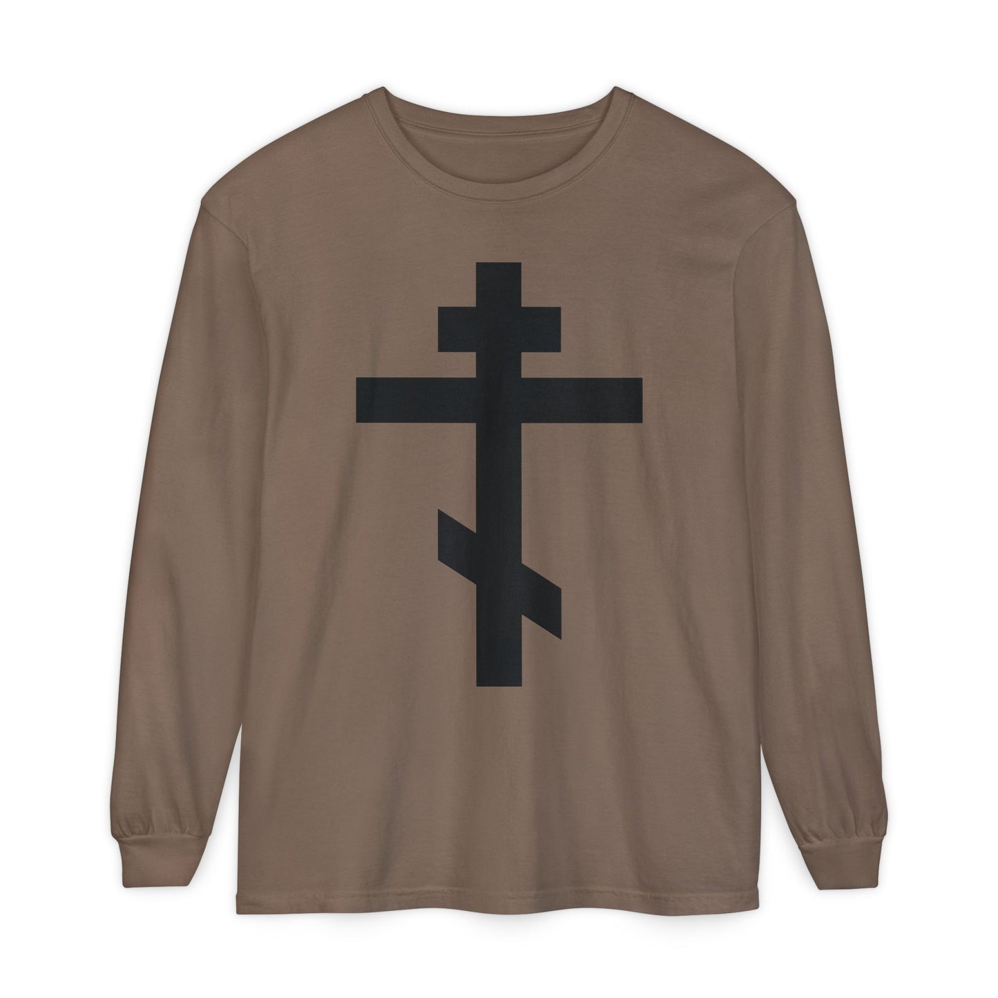 Espresso long-sleeve shirt featuring a bold black Orthodox Cross and the quote, "May I never boast, except in the cross of our Lord Jesus Christ" (Gal 6:14), inspired by St. John Chrysostom's Galatians commentary.