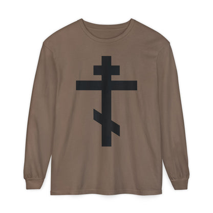 Espresso long-sleeve shirt featuring a bold black Orthodox Cross and the quote, "May I never boast, except in the cross of our Lord Jesus Christ" (Gal 6:14), inspired by St. John Chrysostom's Galatians commentary.
