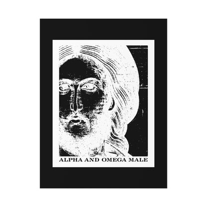 High-contrast photonegative of Jesus Christ’s face with “ALPHA AND OMEGA MALE” below, inspired by Rev 22. Product: Alpha & Omega Male | Jesus Christ Icono-Graphic | I am the Beginning & the End | Orthodox Christian Art Poster.