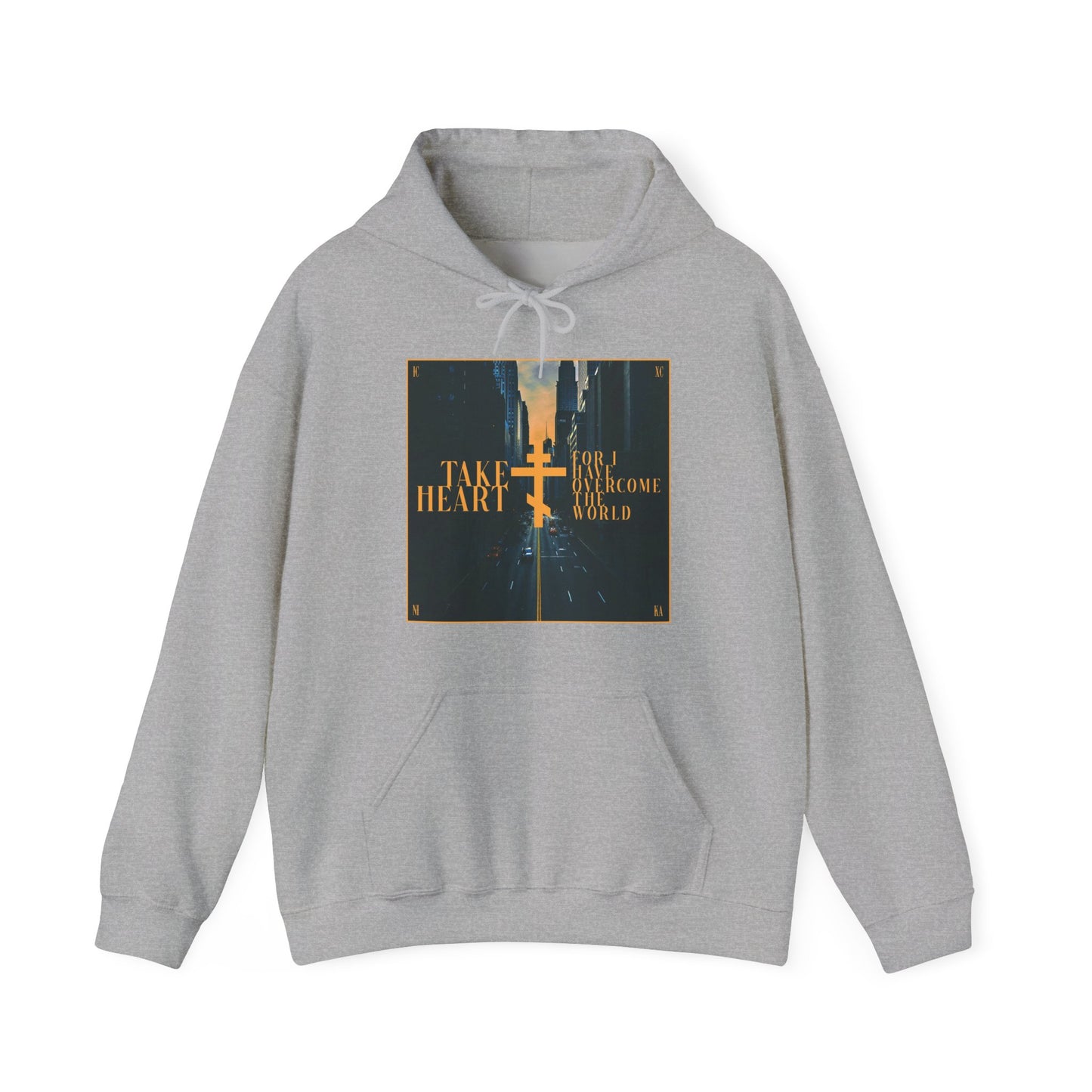 The "Take Heart, For I Have Overcome the World" (John 16:33) Orthodox Christian Hoodie in Sport Grey features a modern city street scene and cross, offering a reminder to find strength and hope in faith during hard times.