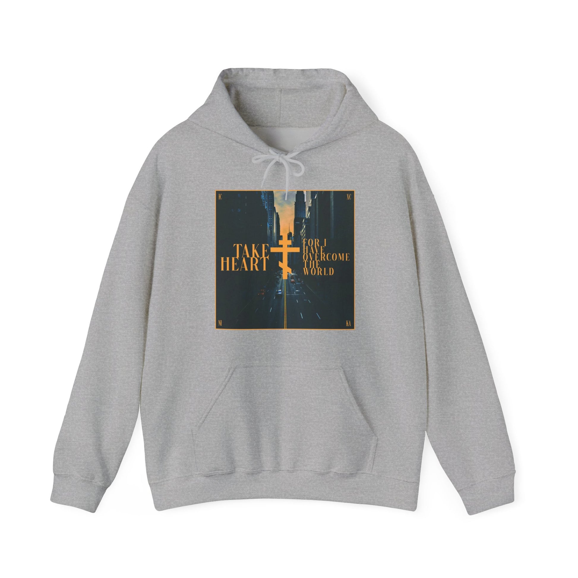 The "Take Heart, For I Have Overcome the World" (John 16:33) Orthodox Christian Hoodie in Sport Grey features a modern city street scene and cross, offering a reminder to find strength and hope in faith during hard times.