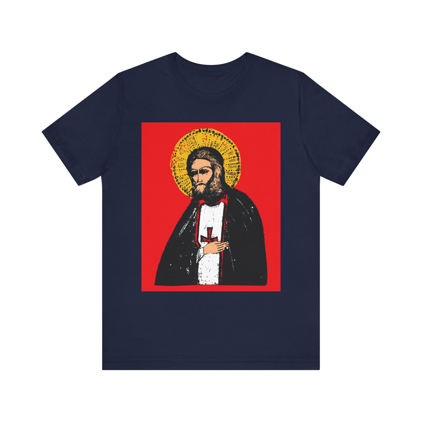 Navy True Aim of Christian Life tee features a St Seraphim of Sarov iconographic design, inspired by acquiring the Holy Spirit—a wearable Orthodox reminder. Lightweight unisex cotton.