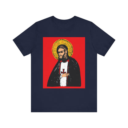 Navy True Aim of Christian Life tee features a St Seraphim of Sarov iconographic design, inspired by acquiring the Holy Spirit—a wearable Orthodox reminder. Lightweight unisex cotton.