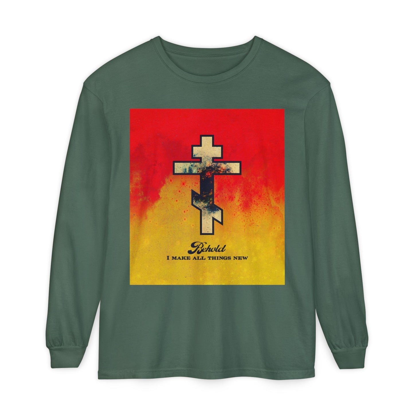 Behold, I Make All Things New (Revelation 21:5) | Cosmic Orthodox Cross on Red and Yellow Background | Orthodox Christian Long Sleeve Shirt