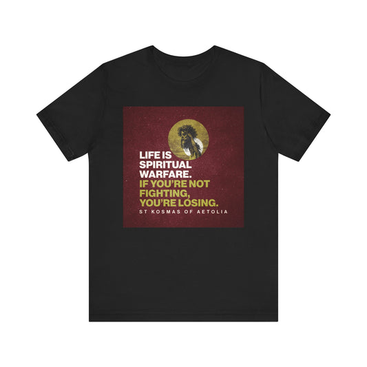 Black "Life is Spiritual Warfare. If You're Not Fighting, You're Losing" Orthodox Christian unisex lightweight cotton tee featuring a David slaying Goliath design—a powerful reminder inspired by St Kosmas of Aetolia.