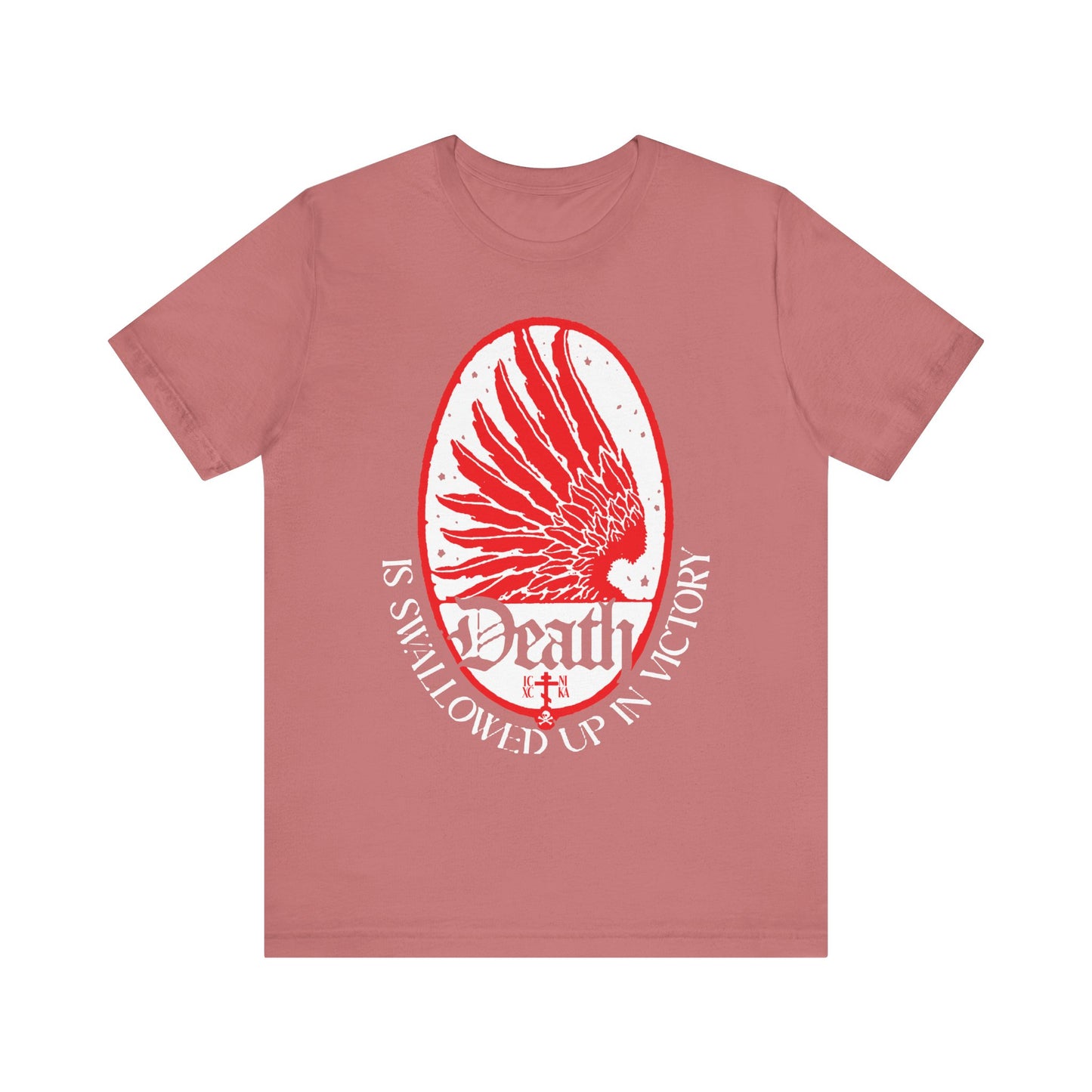 Mauve Orthodox Christian tee featuring an Art Nouveau eagle wing and stars with “Death is Swallowed Up In Victory (1 Cor 15:54)” on the front; lightweight unisex cotton symbolizes incorruption and immortality.