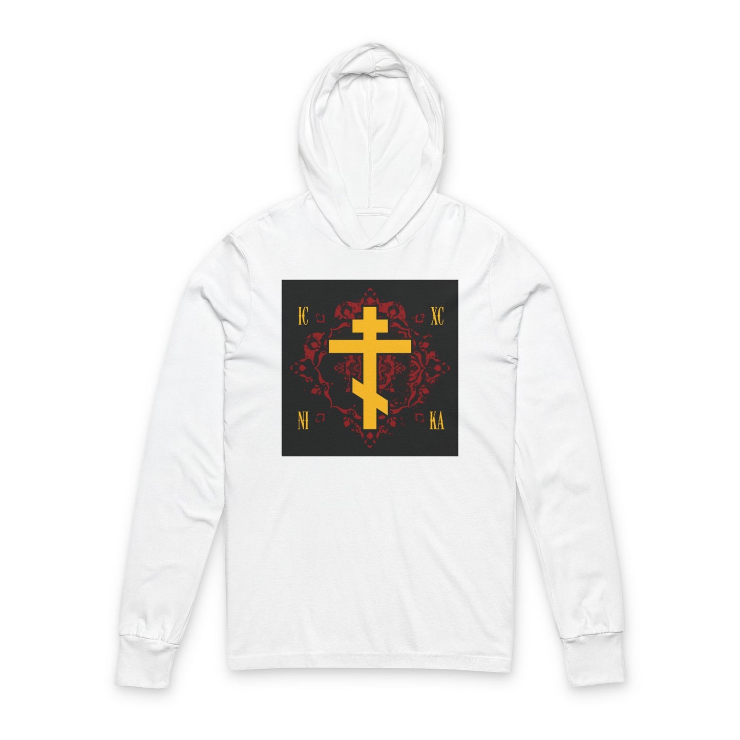 ICXC NIKA Yellow Russian Cross on Ornate Red Background Design | Jesus Christ Conquers | Orthodox Long Sleeve Hooded Shirt