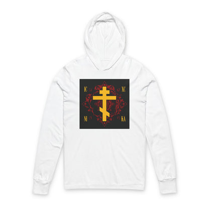 ICXC NIKA Yellow Russian Cross on Ornate Red Background Design | Jesus Christ Conquers | Orthodox Long Sleeve Hooded Shirt