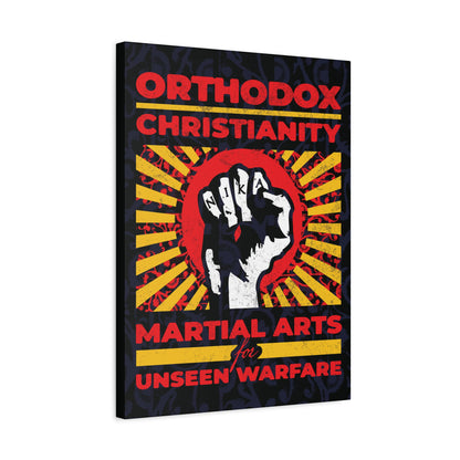 Orthodox Christianity: Martial Arts for Unseen Warfare | NIKA Jesus Fist on Colorful Sunburst Design | Orthodox Christian Canvas Art