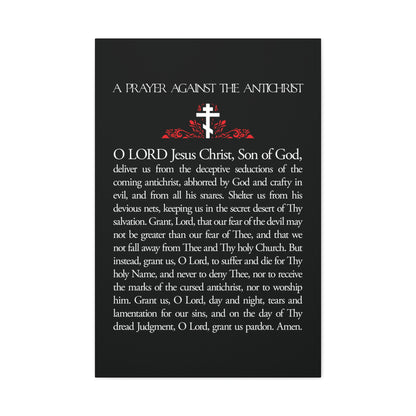 A black prayer card titled "Prayer Against the Antichrist By Elder Anatoly the Younger of Optina" with white and red text, cross graphic, and inspiration from Orthodox Christian tradition; perfect wall art.
