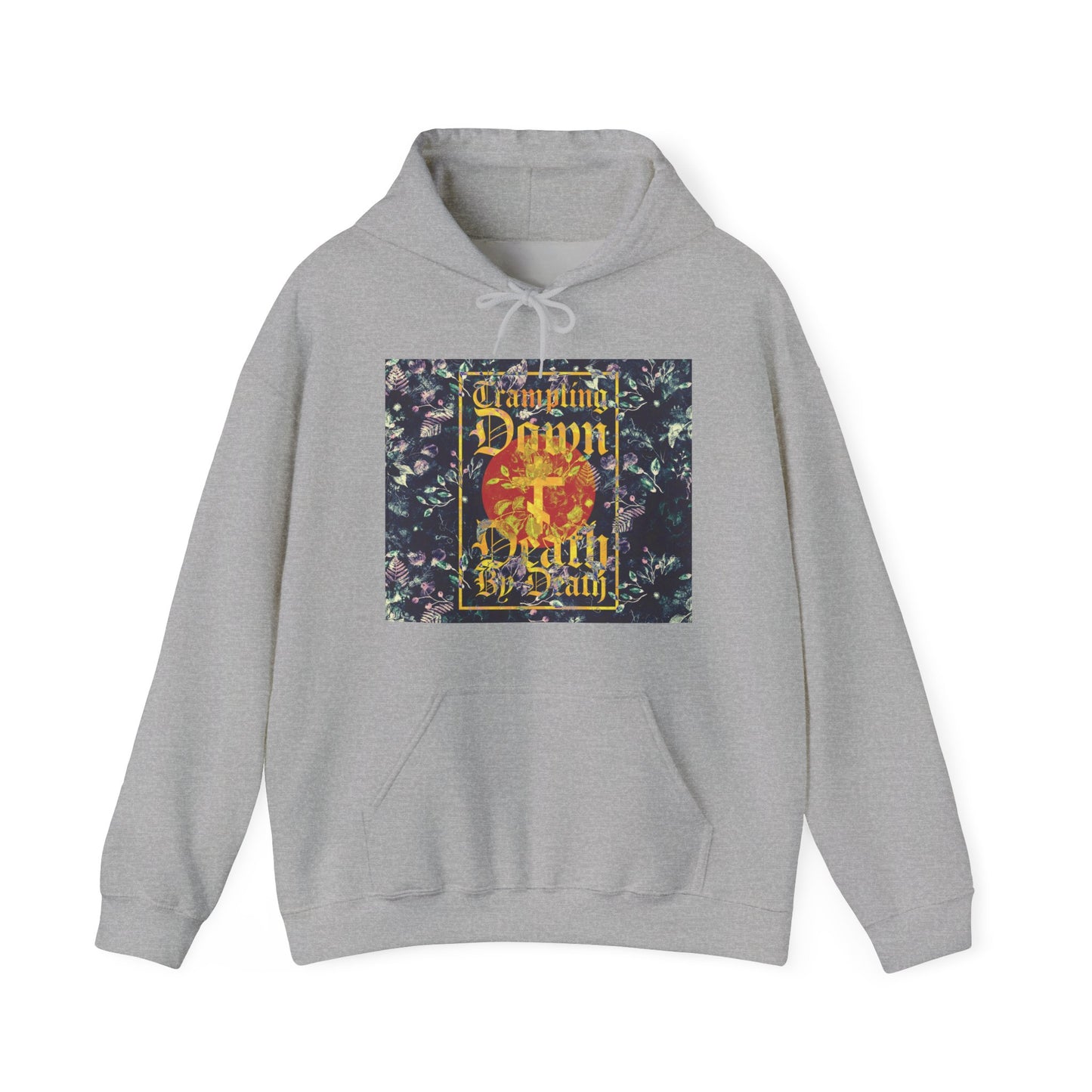 Trampling Down Death By Death | Paschal Floral Design with Gothic Script and Three-Bar Cross | Orthodox Christian Hoodie