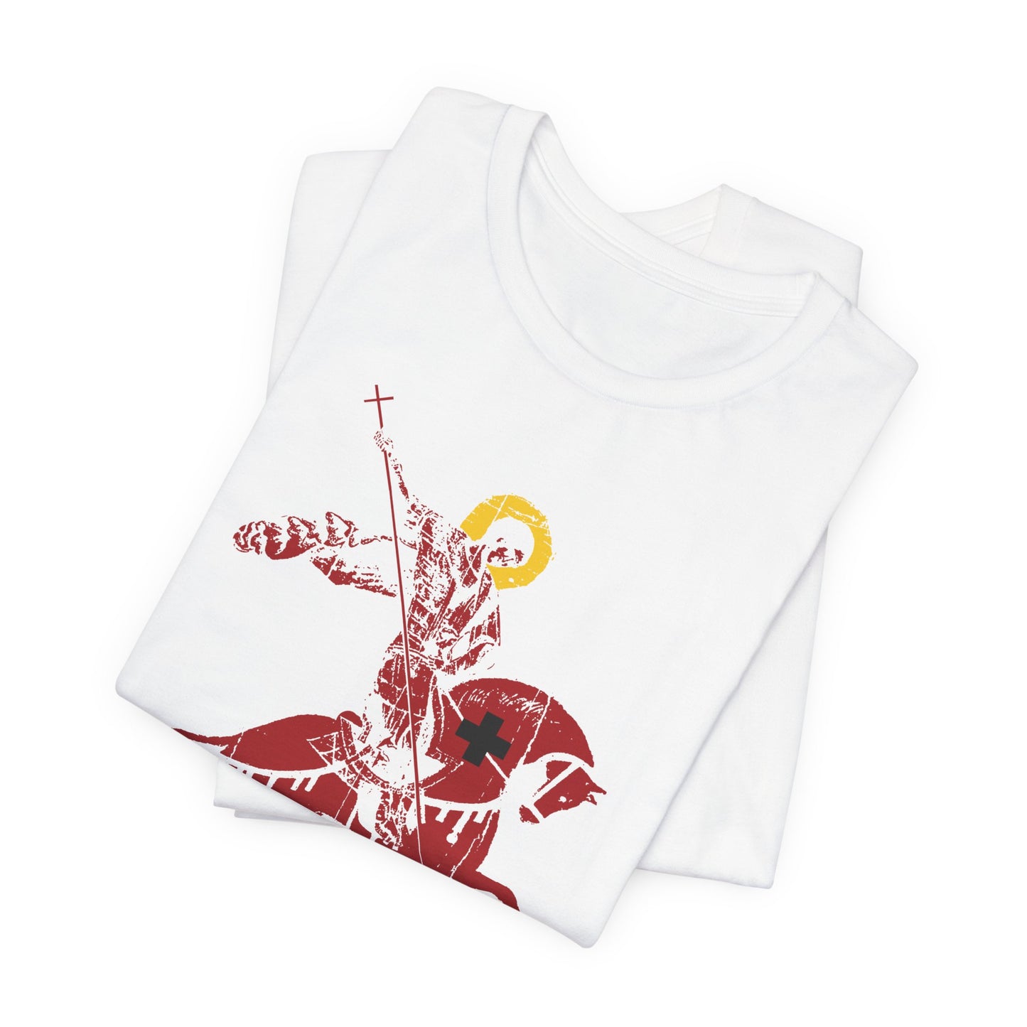 White lightweight unisex cotton tee featuring an abstract depiction of St John Climacus on horseback with a yellow halo, inspired by the teachings on mourning over sins—part of the “Those Who Mourn Over Their Sins | St George Slaying Dragon IconoGraphic | St John Climacus” Orthodox Christian collection.
