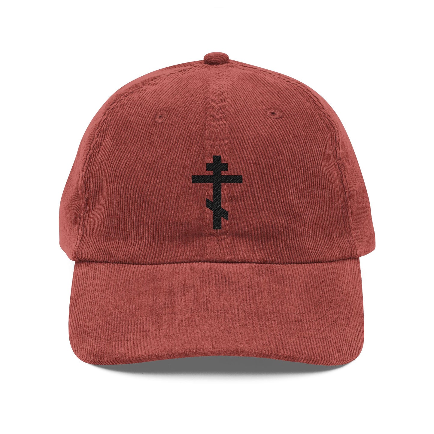 A red cotton corduroy cap featuring a black Orthodox TriBar Cross embroidery, inspired by St. John of Kronstadt’s faith—a Simple Black Orthodox TriBar Cross cap, the Weapon of Unseen Warfare Which Makes Demons Tremble.