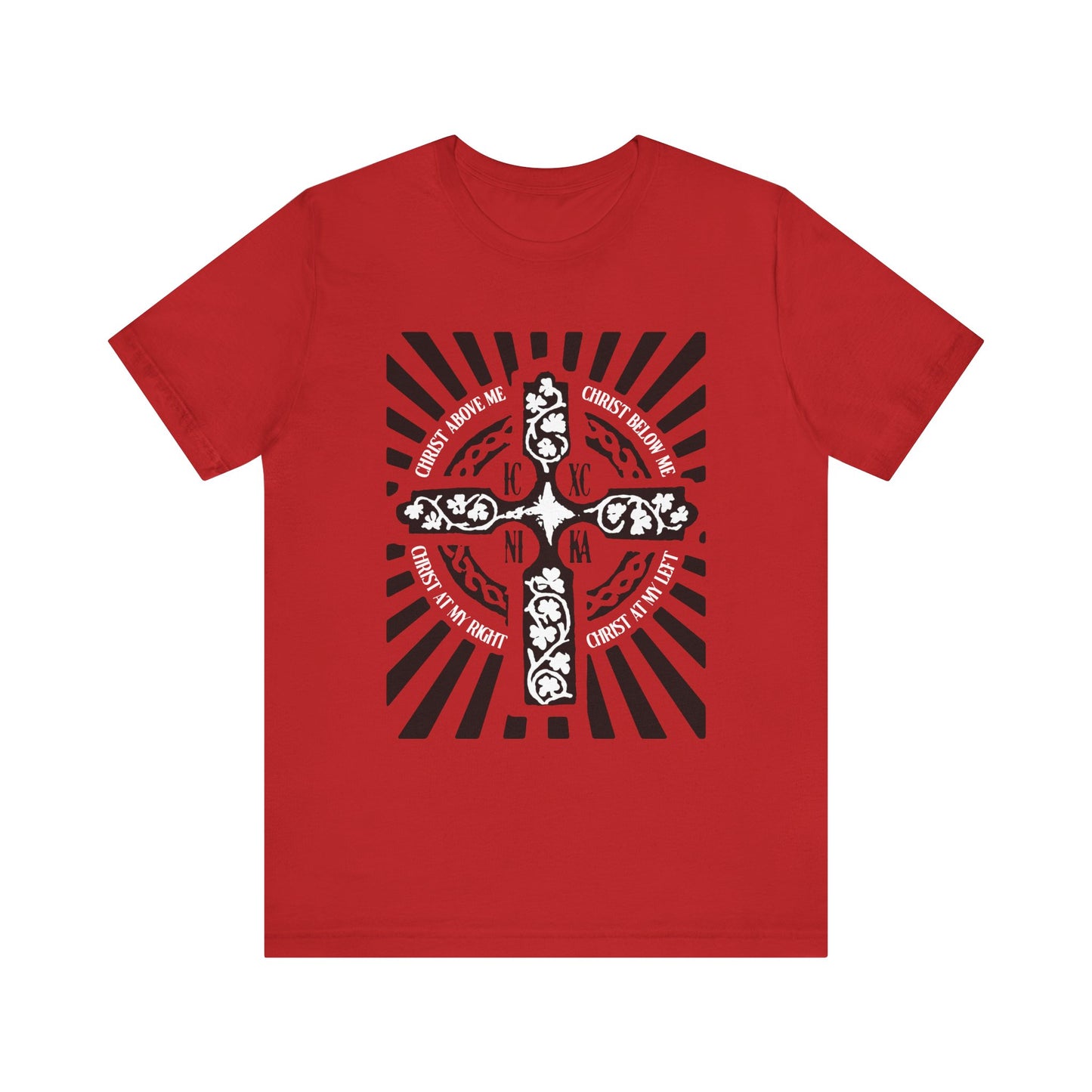Red ICXC NIKA Enniskillen Celtic Cross lightweight cotton unisex tee featuring a radial design of the Shield Prayer—"Christ Before Me, Christ Behind Me"—inspired by the Lorica of St. Patrick, a classic Christian and Celtic blessing; available in red.