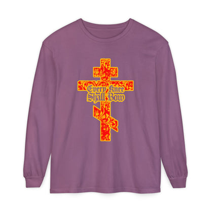Show your faith with the Every Knee Shall Bow long sleeve, featuring a gold and red floral Orthodox cross and bold Gothic lettering inspired by Isaiah 45:22-24 and Philippians 2:7-11, declaring Jesus Christ as Lord.