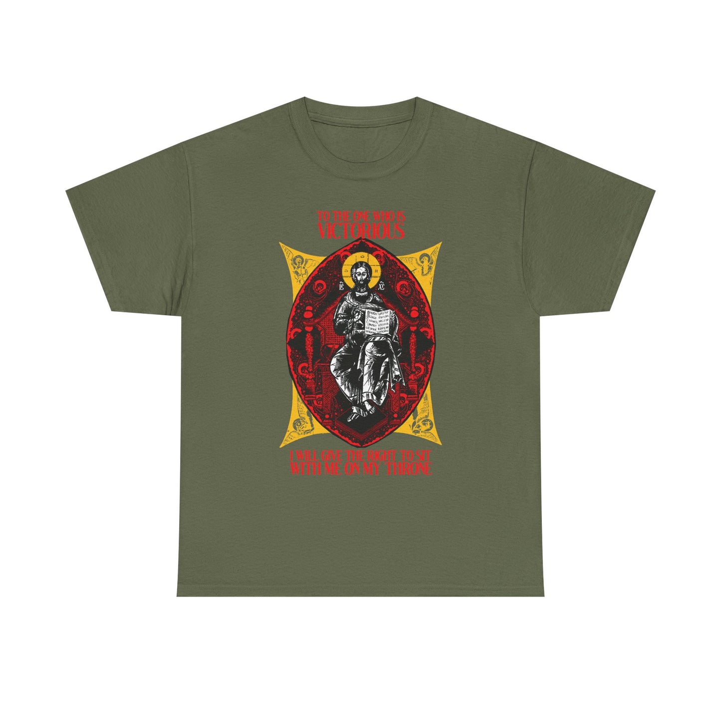 Military green "Christ is King, Enthroned In Glory IconoGraphic" tee displays a crowned skeleton on red and yellow, with bold text—symbolizing Christ’s victorious reign. Inspired by Rev 3:21. Orthodox Christian midweight unisex cotton shirt.