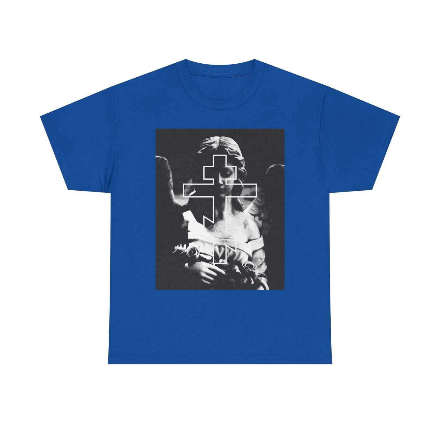 Royal blue unisex tee featuring a grayscale cemetery angel and an Orthodox cross design with goth aesthetic and "Remember You Will Die" memento mori inspiration. Midweight cotton—perfect for those who appreciate deep symbolism.