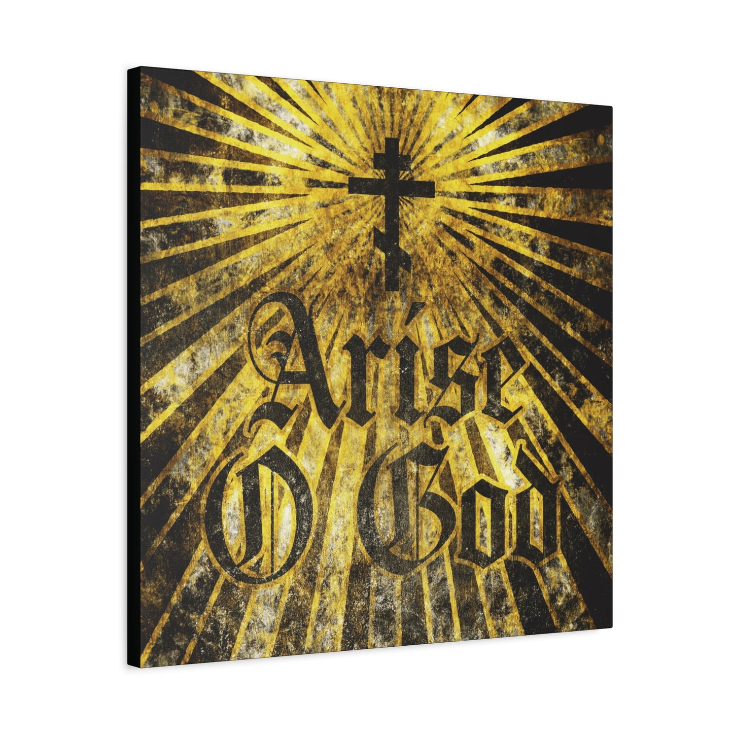 Arise O God | Psalm 81 (82 LXX) wall art: bold textured Gothic font, Orthodox cross, and golden rays, inspired by the Divine Council worldview—an Orthodox Christian décor for any space.