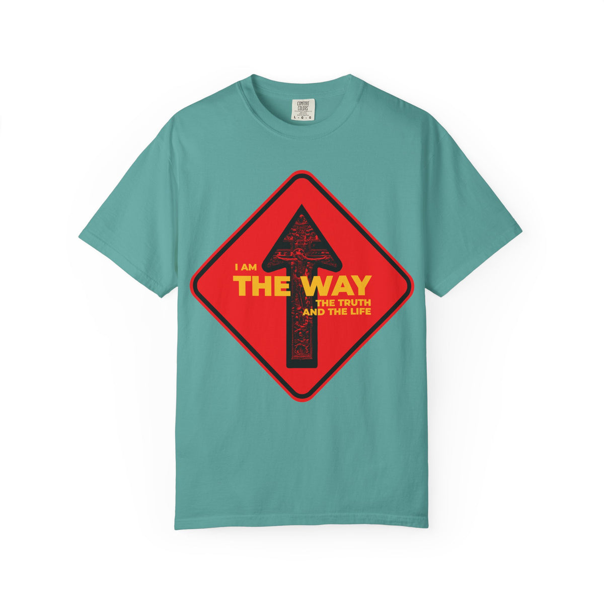 Show your faith with the “Am the Way, the Truth and the Life | Street Sign One Way Arrow Crucifix Design | Orthodox Christian Heavyweight Cotton Unisex Tee” in a refreshing seafoam color. This eye-catching shirt features a red street sign, black arrow, and yellow text: I am the way, the truth, and the life—John 14:6. It’s a bold way to celebrate your faith and share Jesus’ message as The Way, The Truth, and The Life.