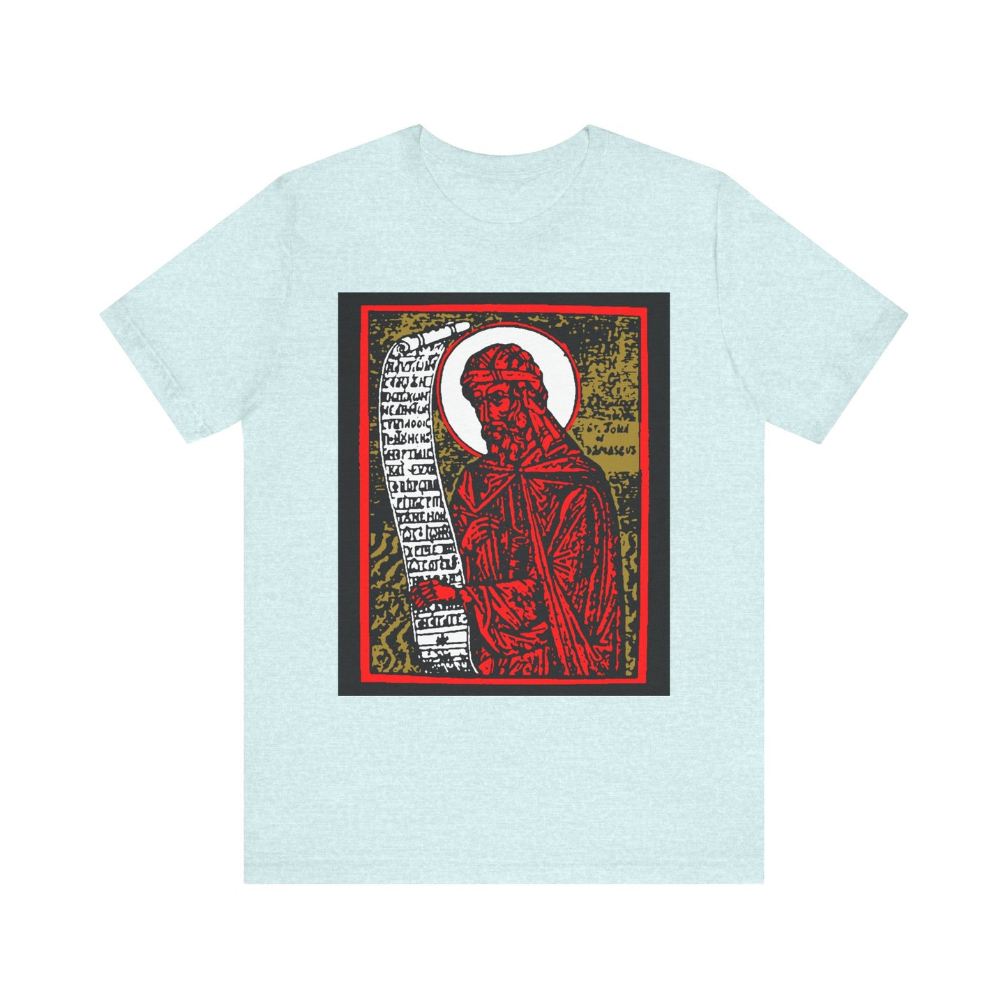St. John of Damascus Icono-Graphic | Orthodox Christian Saint | Red Gold & Black High Contrast Design | Lightweight Cotton Unisex Tee