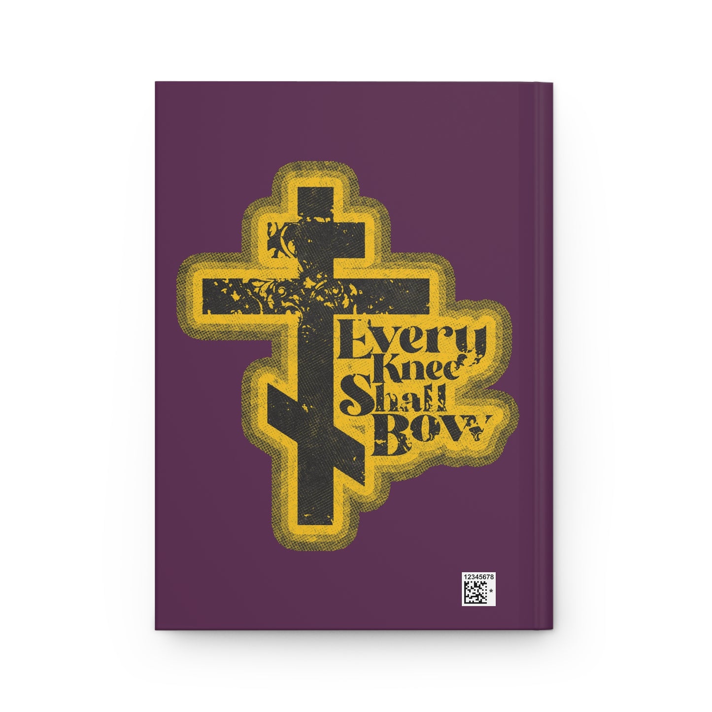 A yellow and black cross with "Every Knee Shall Bow" on a purple background, inspired by Philippians 2:10-11 and Isaiah 45:23. Features a 70s distressed halftone comic book style on this Orthodox Christian blank journal.