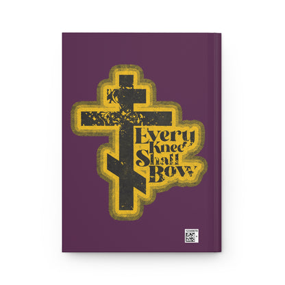 A yellow and black cross with "Every Knee Shall Bow" on a purple background, inspired by Philippians 2:10-11 and Isaiah 45:23. Features a 70s distressed halftone comic book style on this Orthodox Christian blank journal.