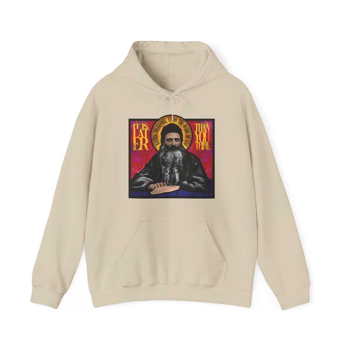 Sand-colored hoodie with a stained glass design of Fr. Seraphim Rose, American Orthodox monastic saint, and the message "It is later than you think," inspiring reflection on salvation.