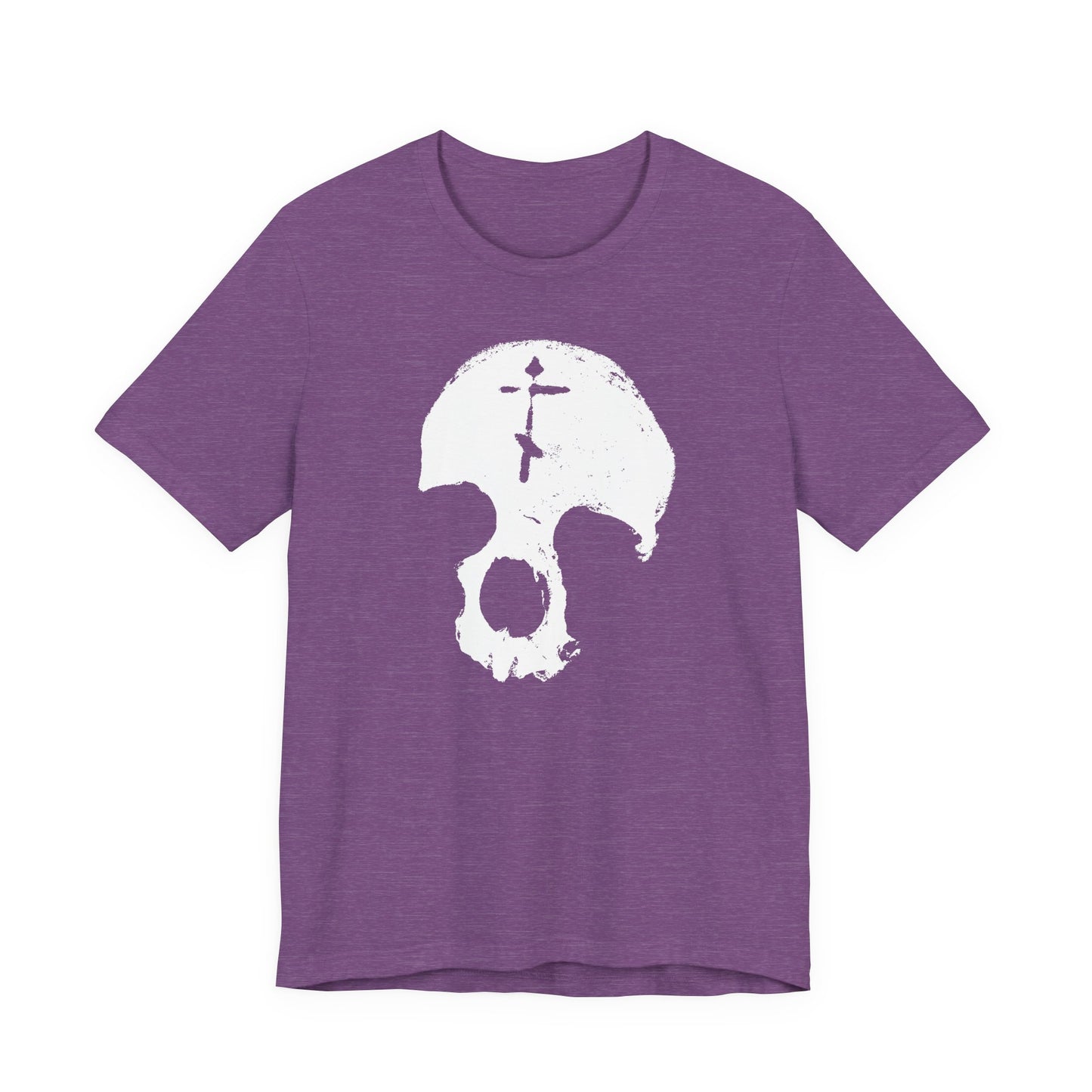 Heather Team Purple cotton unisex tee featuring a minimalist white distressed skull with Orthodox cross graphic, inspired by the ‘All is Vanity’ Memento Mori theme—a bold gothic Christian reminder of life’s fleeting nature.
